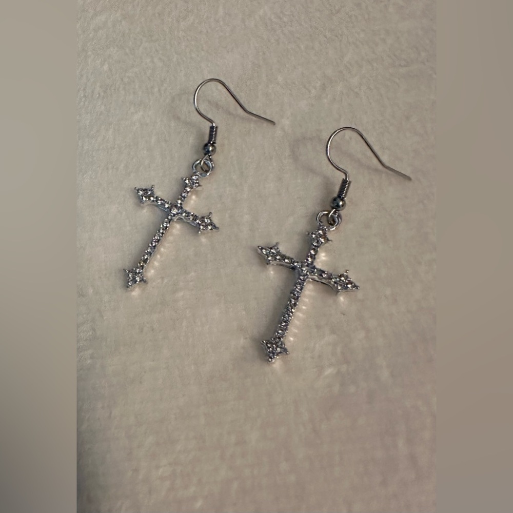 Rhinestone Crystals Luxury Silver Cross Earrings Gothic Punk Hip Hop Crucifix